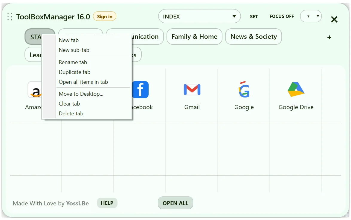 ToolBoxManager V16 screen related to Create a Main Tab and nested Sub-Tabs